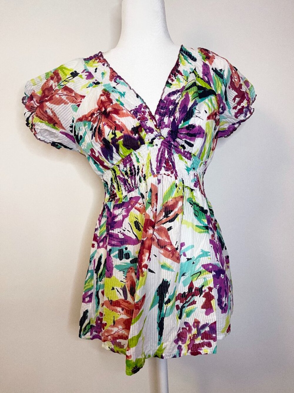Millenium Floral Smocked Empire Waist Cotton Blouse Top Large Y2K
